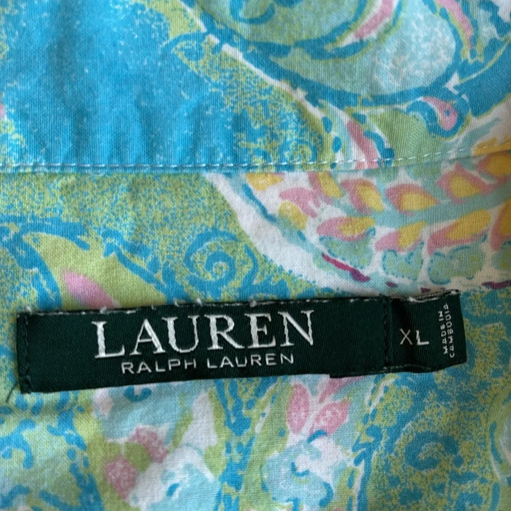 Vintage‎ Ralph Lauren Blue Pink Floral Monogram 3/4 Sleeve Pajama Top Women’s XL